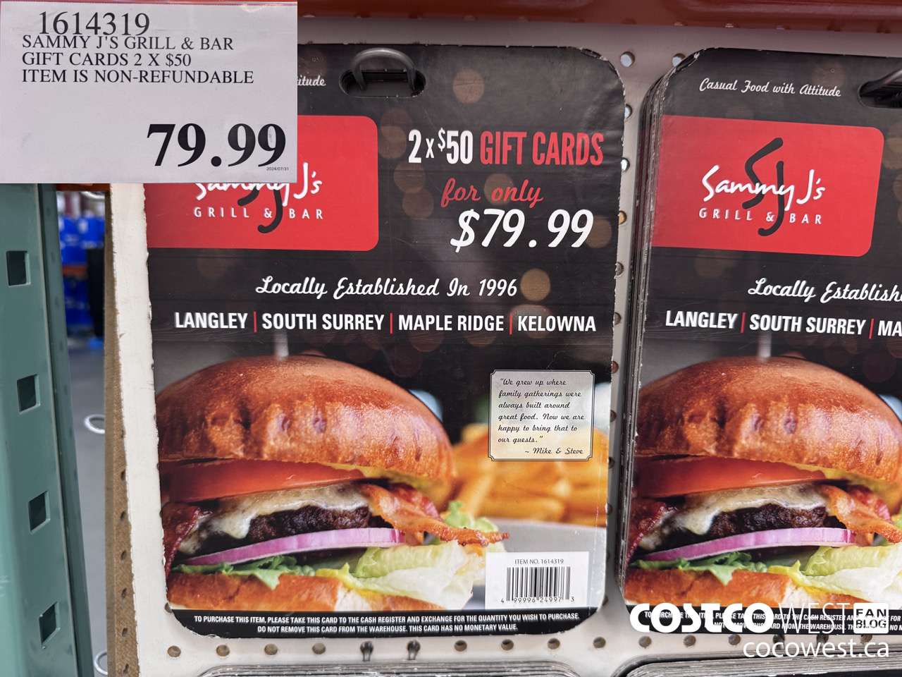 1614319 SAMMY J'S GRILL & BAR GIFT CARDS 2 x $50  $79.99