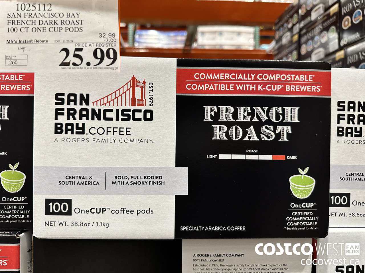 1025112 SAN FRANCISCO BAY FRENCH DARK ROAST 100 CT ONE CUP PODS ($7.00 INSTANT SAVINGS EXPIRES ON 2024-11-27) $25.99