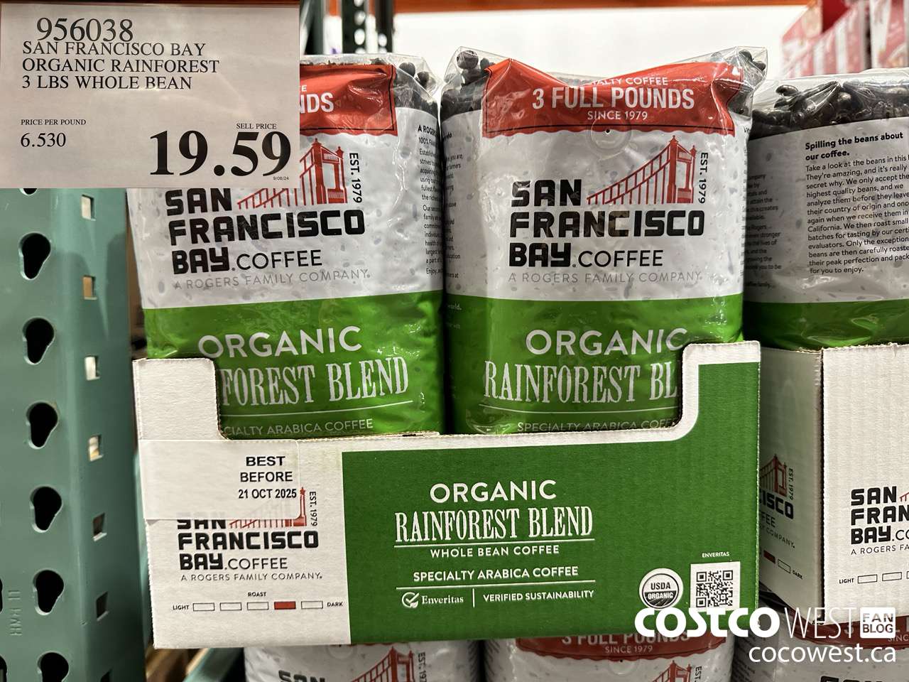 956038 SAN FRANCISCO BAY ORGANIC RAINFOREST 3 LBS WHOLE BEAN $19.59