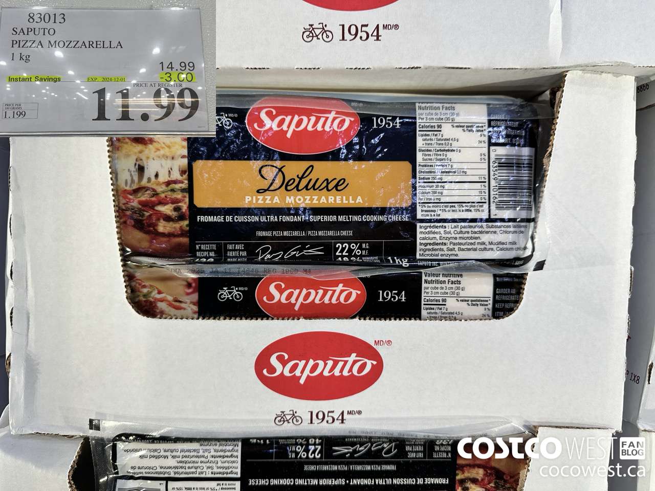 83013 SAPUTO PIZZA MOZZARELLA 1 kg ($3.00 INSTANT SAVINGS EXPIRES ON 2024-12-01) $11.99
