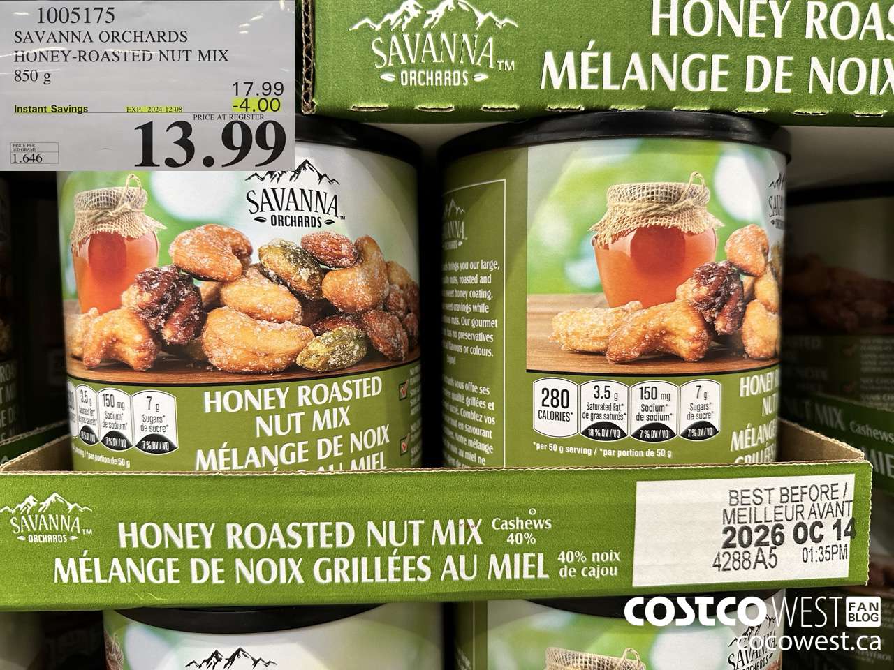 1005175 SAVANNA ORCHARDS HONEY-ROASTED NUT MIX 850 G ($4.00 INSTANT SAVINGS EXPIRES ON 2024-12-08) $13.99