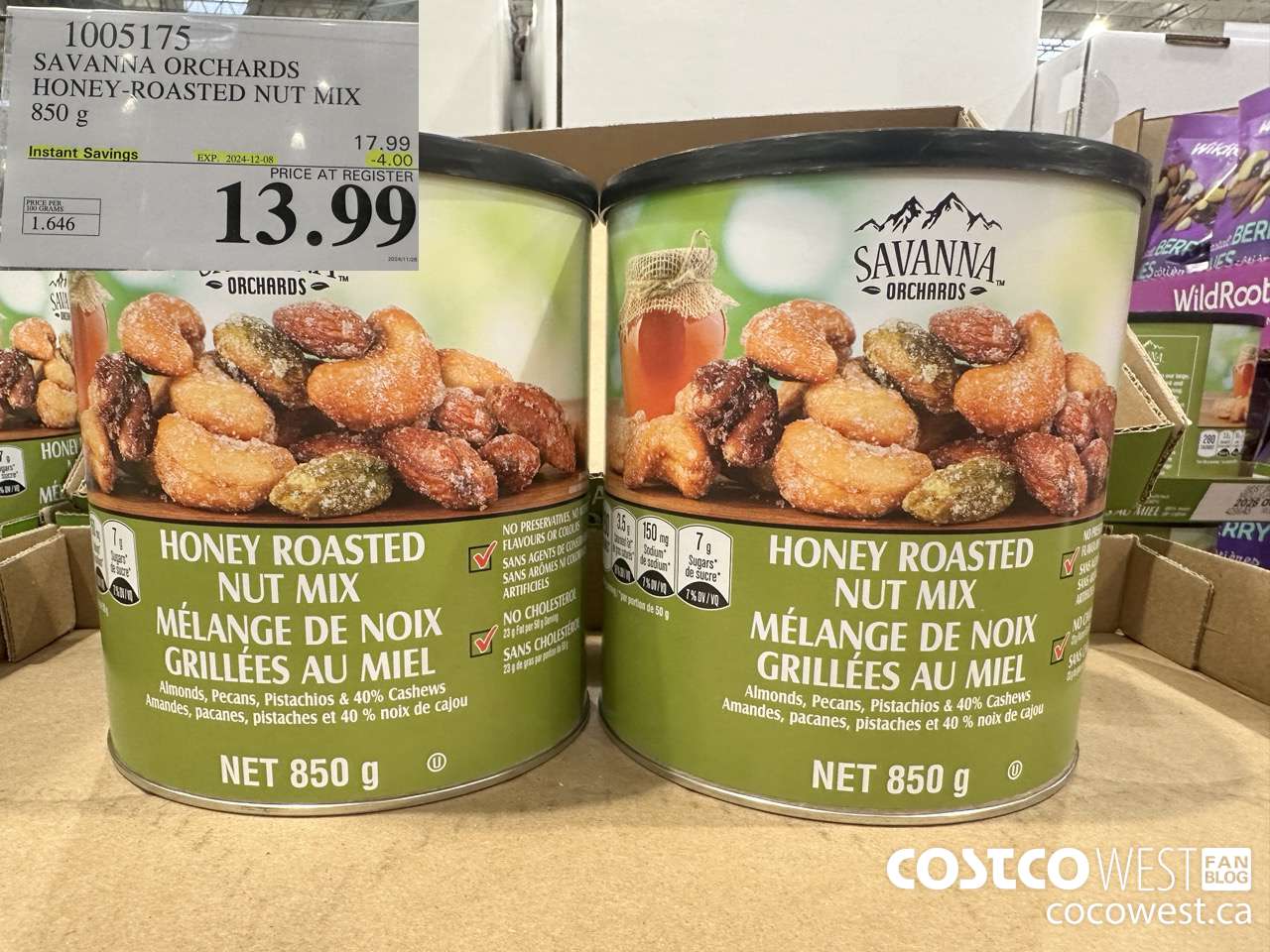 1005175 SAVANNA ORCHARDS HONEY-ROASTED NUT MIX 850 G ($4.00 INSTANT SAVINGS EXPIRES ON 2024-12-08) $13.99