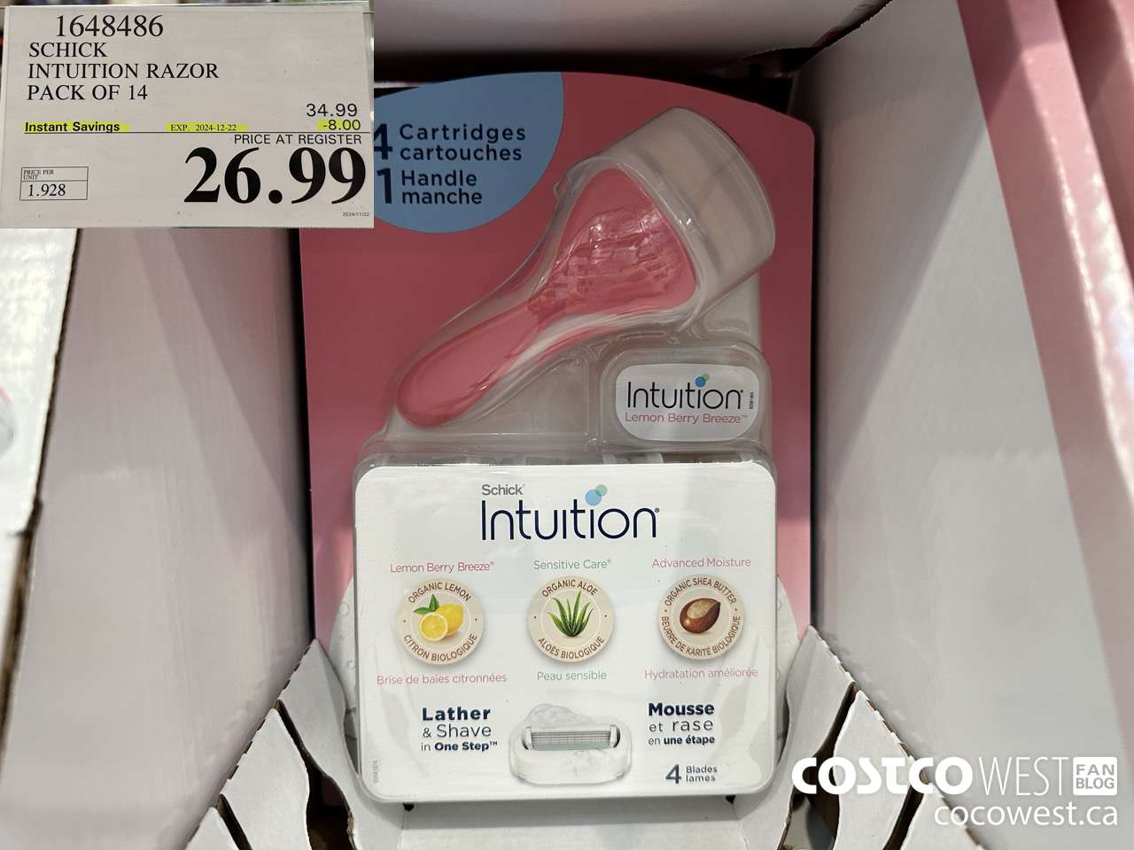1648486 SCHICK INTUITION 14 CARTRIDGES + RAZOR ($8.00 INSTANT SAVINGS EXPIRES ON 2024-12-22) $26.99