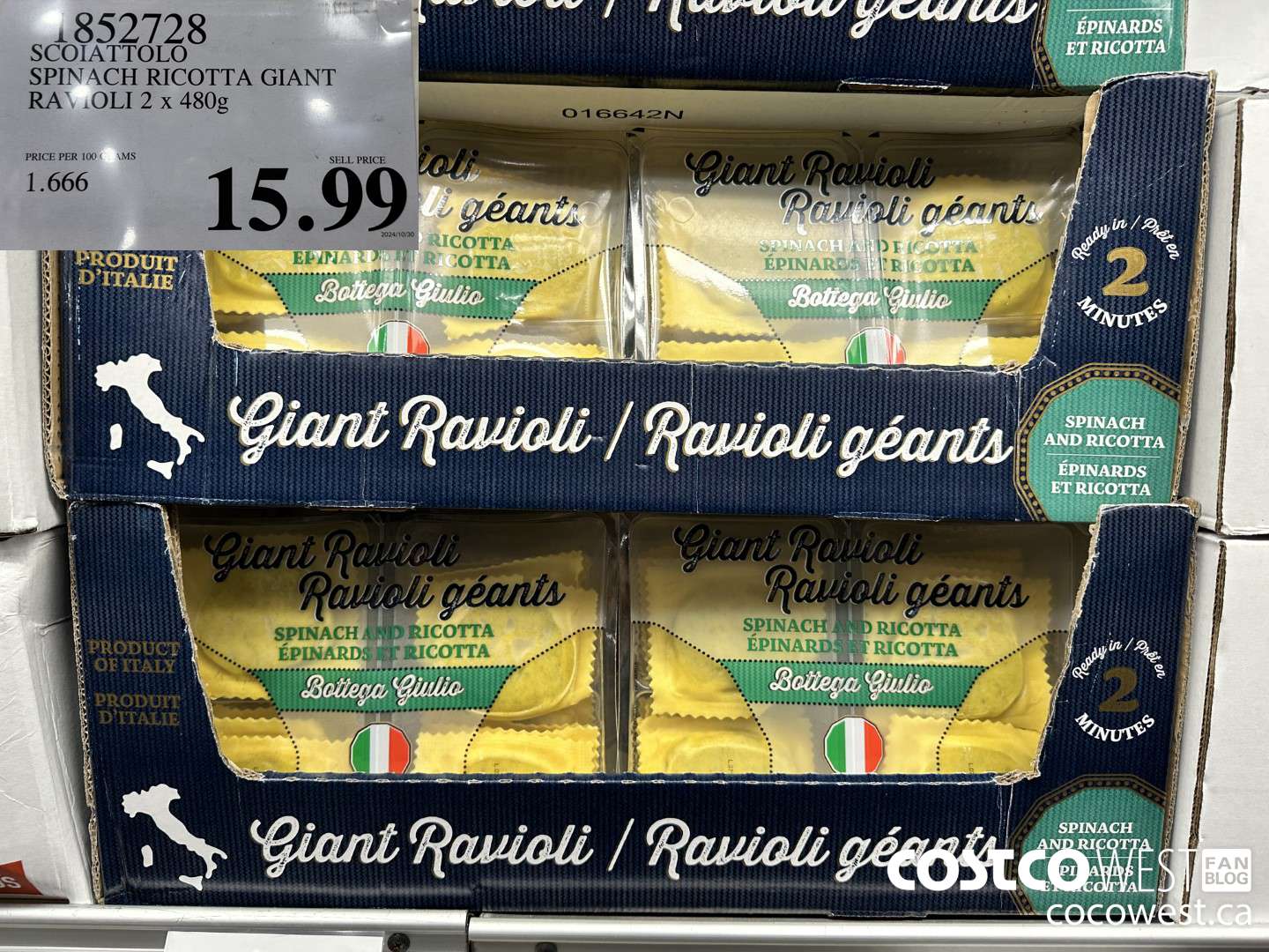 1852728 SCOIATTOLO SPINACH RICOTTA GIANT RAVIOLI 2 X 480G $15.99