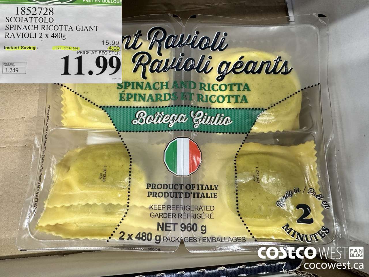 1852728 SCOIATTOLO SPINACH RICOTTA GIANT RAVIOLI 2 X 480G ($4.00 INSTANT SAVINGS EXPIRES ON 2024-12-08) $11.99