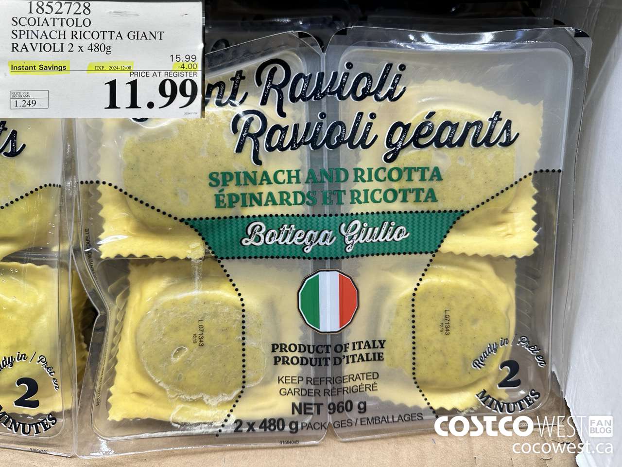 1852728 SCOIATTOLO SPINACH RICOTTA GIANT RAVIOLI 2 X 480G ($4.00 INSTANT SAVINGS EXPIRES ON 2024-12-08) $11.99