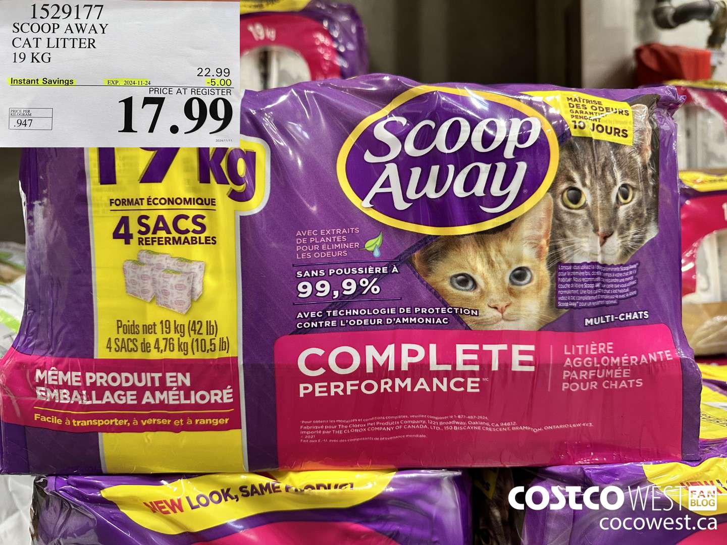 1529177 SCOOP AWAY CAT LITTER 19 KG ($5.00 INSTANT SAVINGS EXPIRES ON 2024-11-24) $17.99