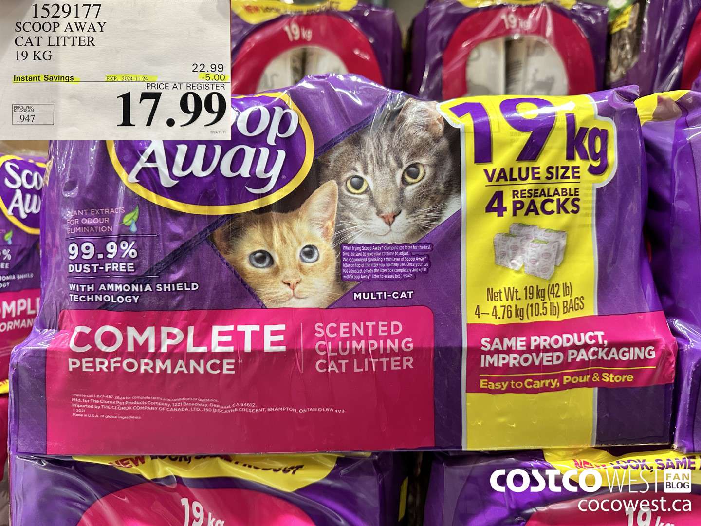 1529177 SCOOP AWAY CAT LITTER 19 KG ($5.00 INSTANT SAVINGS EXPIRES ON 2024-11-24) $17.99