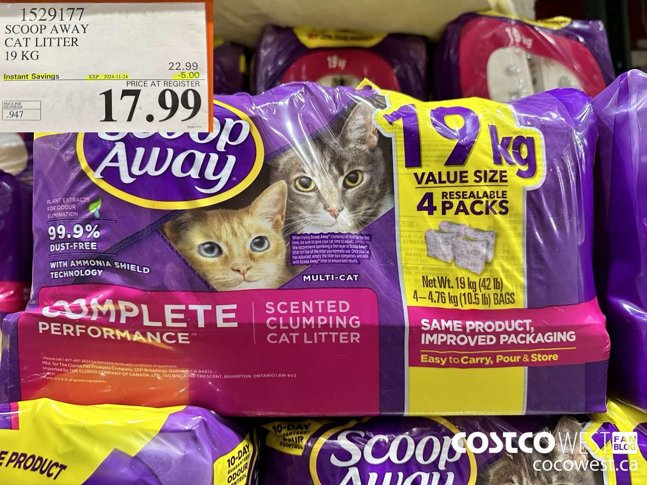 1529177 SCOOP AWAY CAT LITTER 19 KG ($5.00 INSTANT SAVINGS EXPIRES ON 2024-11-24) $17.99