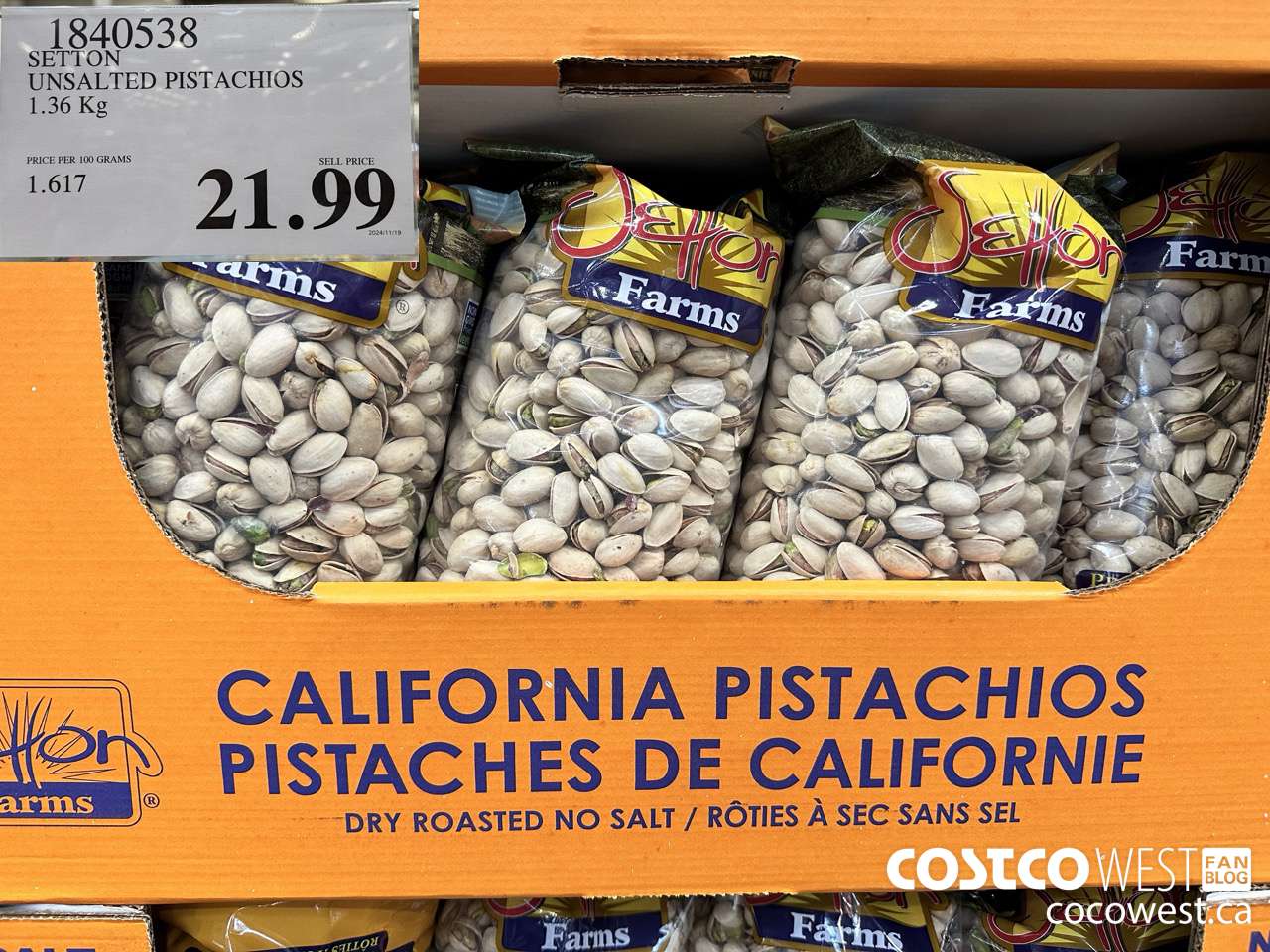 1840538 SETTON UNSALTED PISTACHIOS 1.36KG $21.99