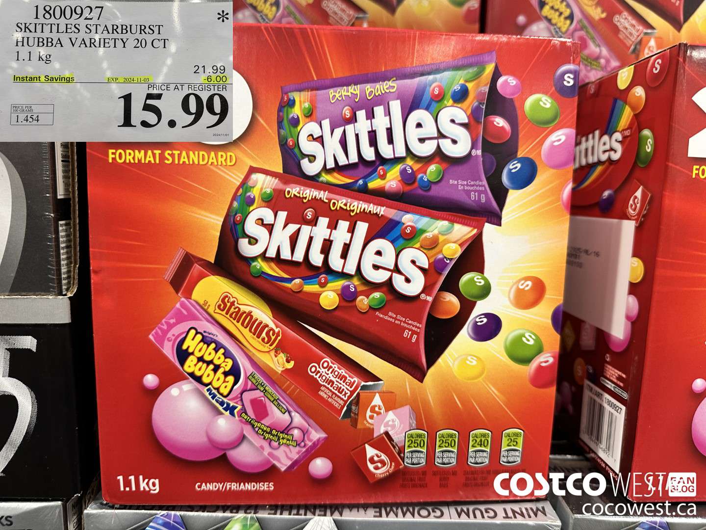 1800927 SKITTLES STARBURST HUBBA VARIETY 20 CT 1.1KG ($6.00 INSTANT SAVINGS EXPIRES ON 2024-11-03) $15.99