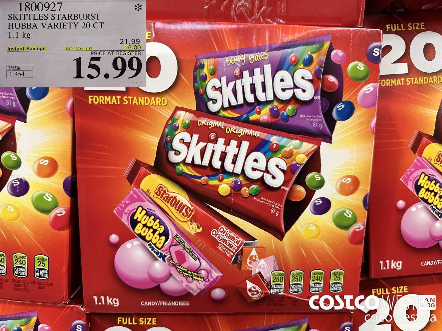 1800927 SKITTLES STARBURST HUBBA VARIETY 20 CT 1.1KG ($6.00 INSTANT SAVINGS EXPIRES ON 2024-11-17) $15.99