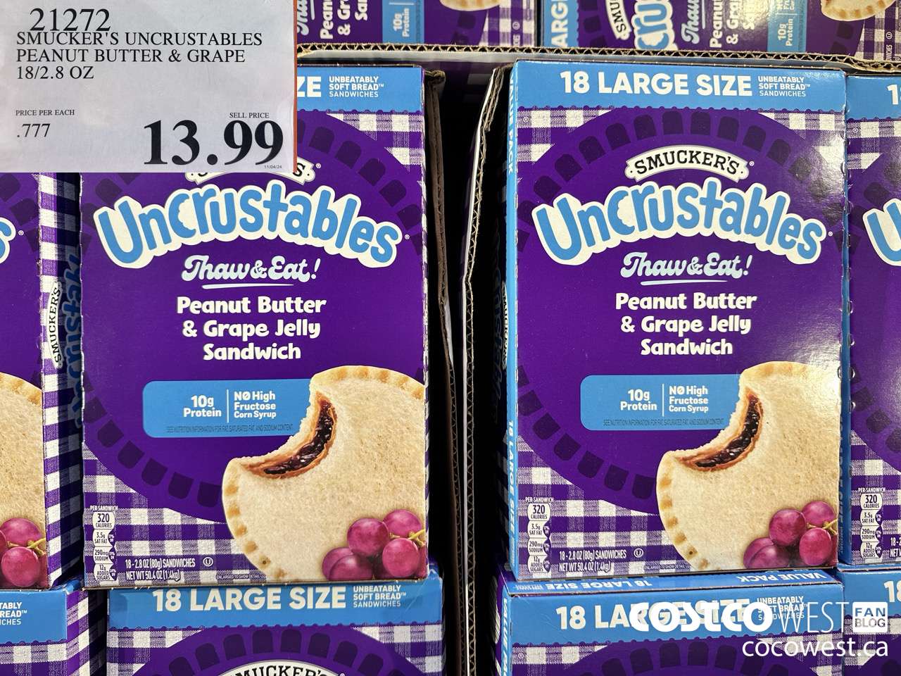 21272 SMUCKER'S UNCRUSTABLES PEANUT BUTTER & GRAPE 18/2.8 OZ $13.99