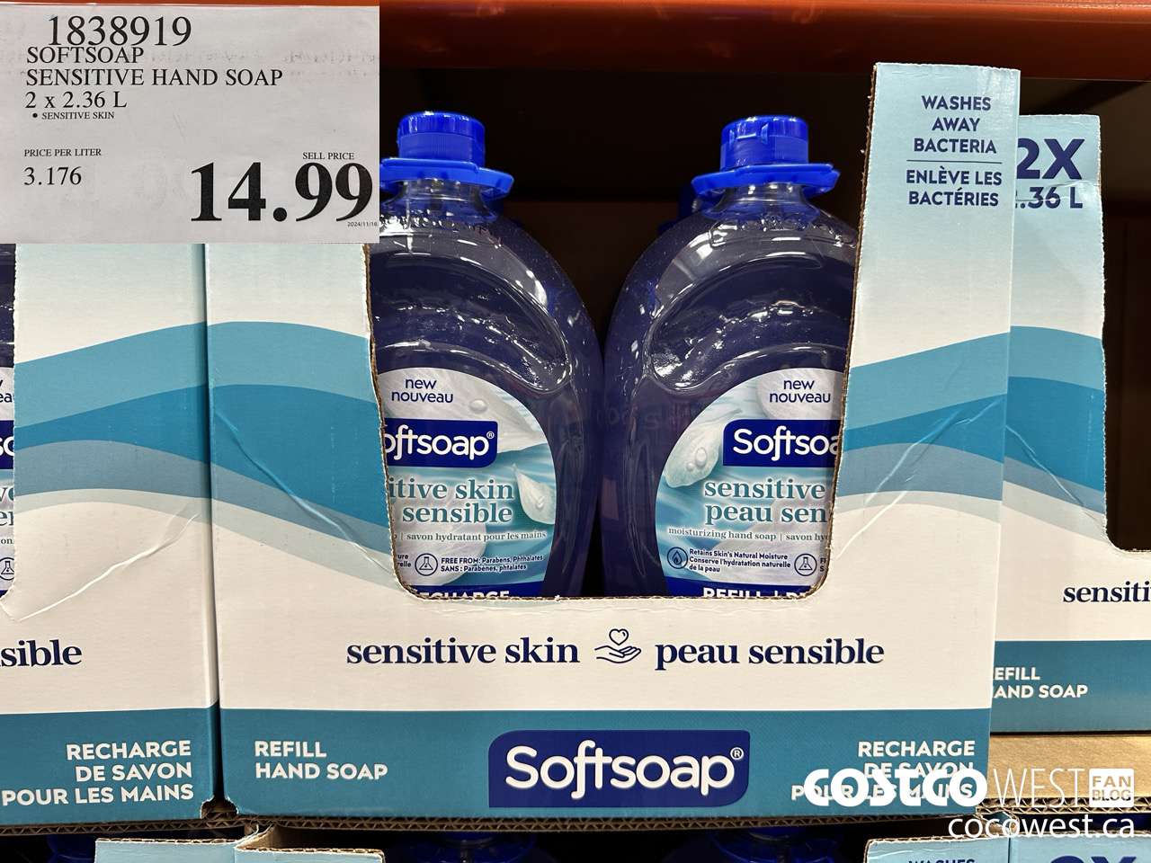 1838919 SOFTSOAP SENSITIVE HAND SOAP 2 X 2.36L $14.99
