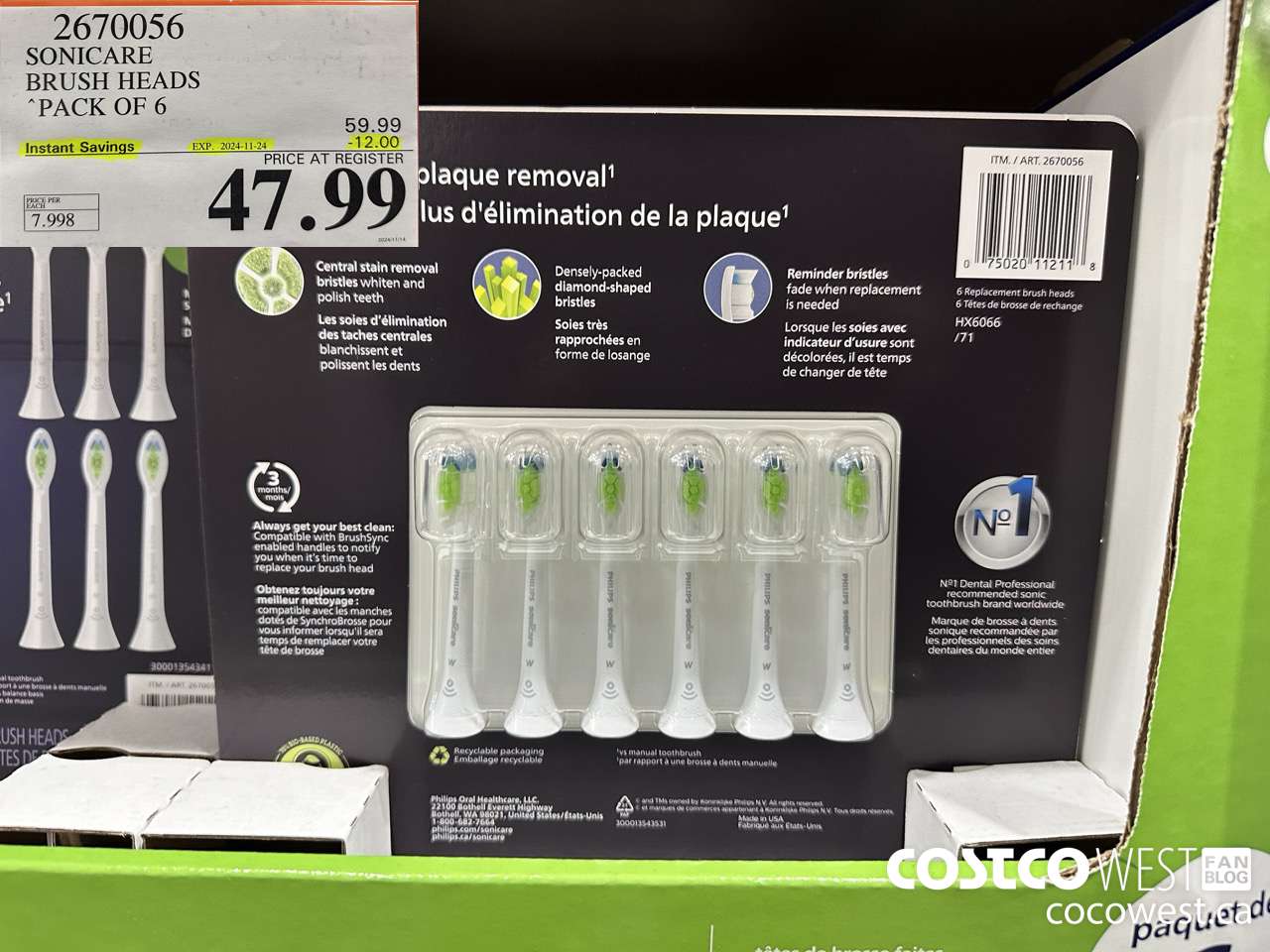 2670056 SONICARE BRUSH HEADS PACK OF 6 ($12.00 INSTANT SAVINGS EXPIRES ON 2024-11-24) $47.99