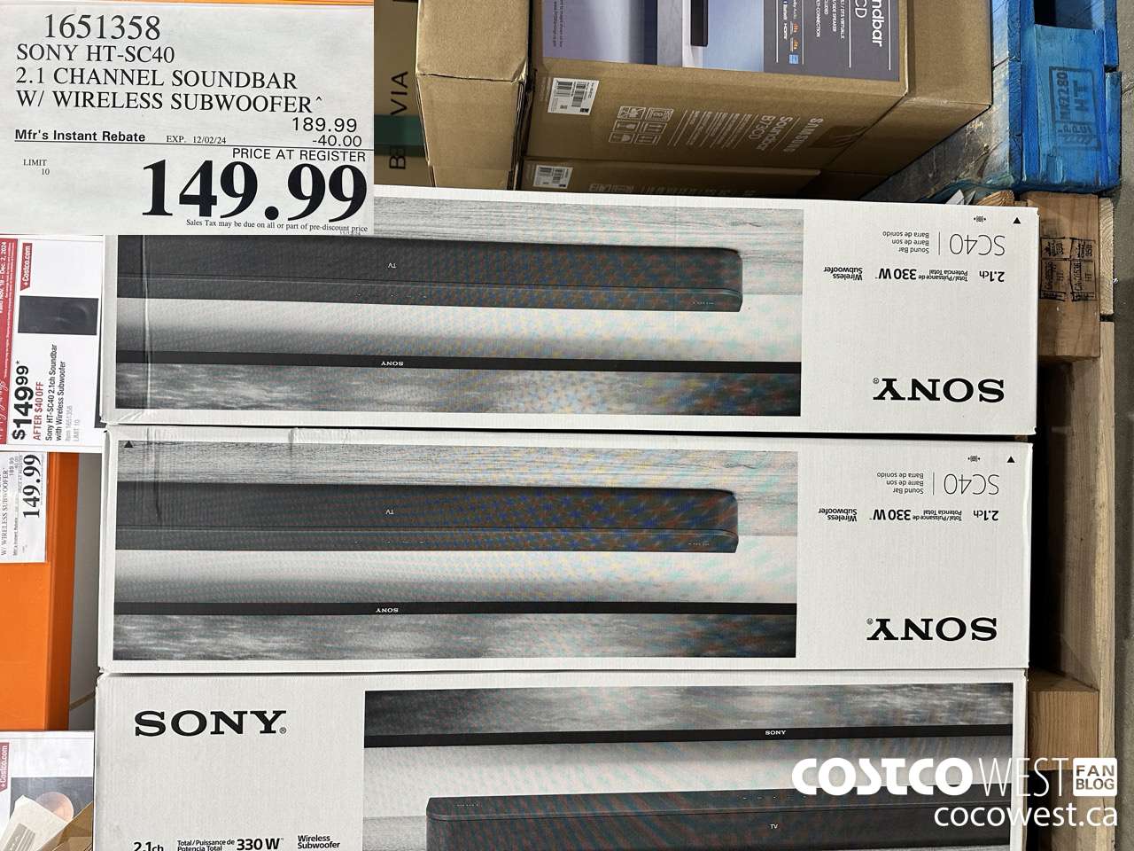 1651358 SONY HT-SC40 2.1 CHANNEL SOUNDBAR W/WIRELESS SUBWOOFER ($40.00 INSTANT SAVINGS EXPIRES ON 2024-12-02) $149.99