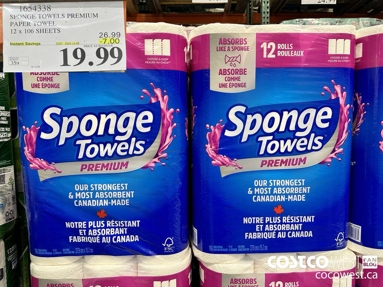 1654338 SPONGE TOWELS PREMIUM PAPER TOWEL 12 X 106 SHEETS ($7.00 INSTANT SAVINGS EXPIRES ON 2024-12-08) $19.99