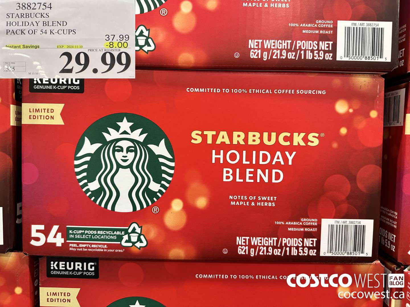 3882754 STARBUCKS HOLIDAY BLEND 54 K-CUPS ($8.00 INSTANT SAVINGS EXPIRES ON 2024-11-10) $29.99