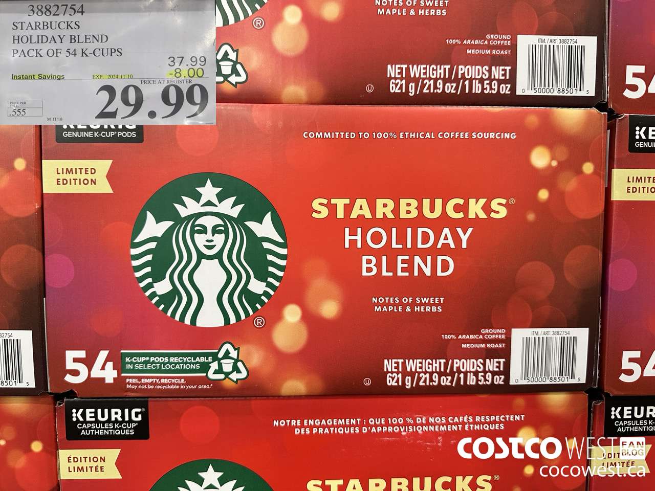 3882754 STARBUCKS HOLIDAY BLEND 54 K-CUPS ($8.00 INSTANT SAVINGS EXPIRES ON 2024-11-10) $29.99