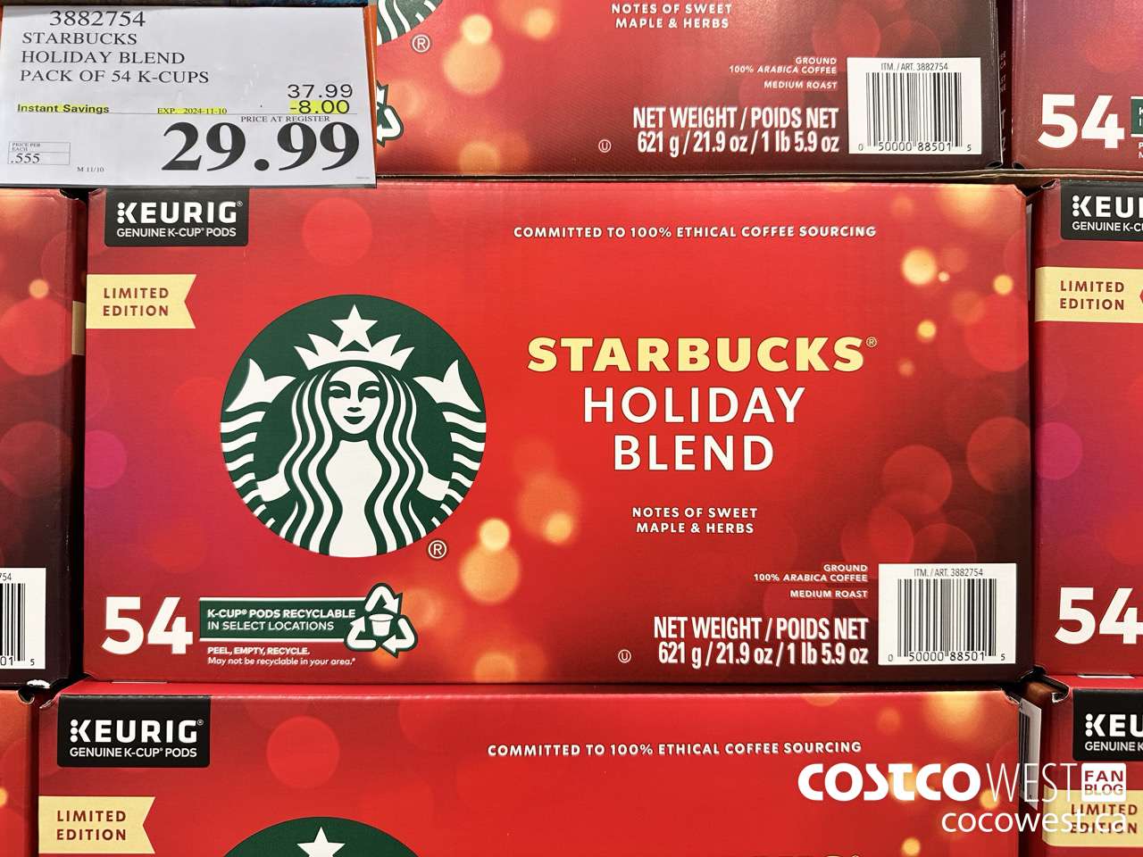 3882754 STARBUCKS HOLIDAY BLEND 54 K-CUPS ($8.00 INSTANT SAVINGS EXPIRES ON 2024-11-10) $29.99