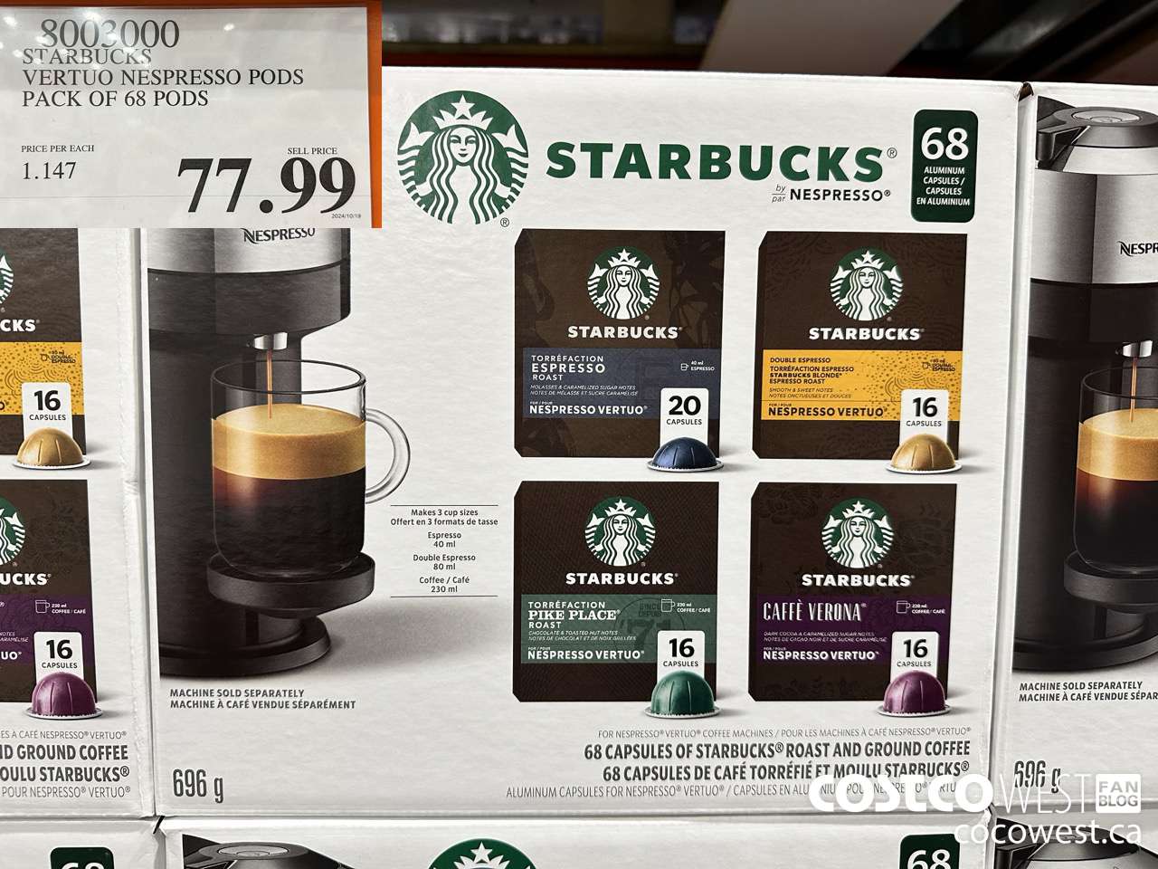 8003000 STARBUCKS VERTUO NESPRESSO PODS PACK OF 68 PODS $77.99