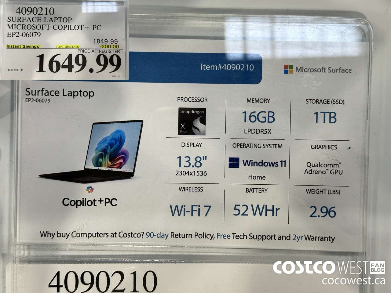 4090210 SURFACE LAPTOP MICROSOFT COPILOT + PC EP2-06079 ($200.00 INSTANT SAVINGS EXPIRES ON 2024-12-08) $1649.99