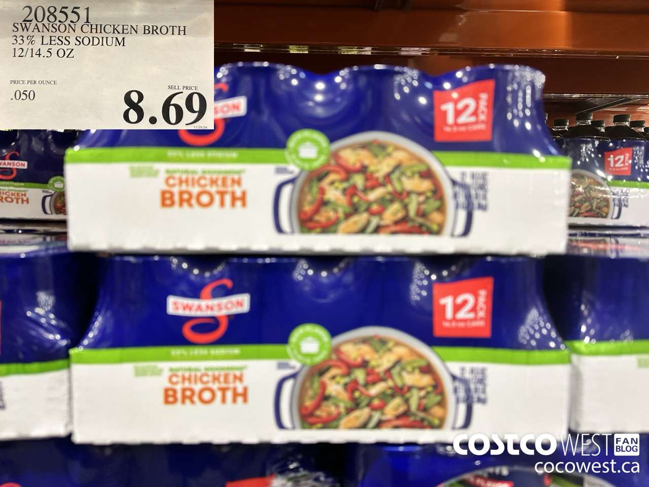 208551 SWANSON CHICKEN BROTH 33% LESS SODIUM 12/14.5 OZ $8.69