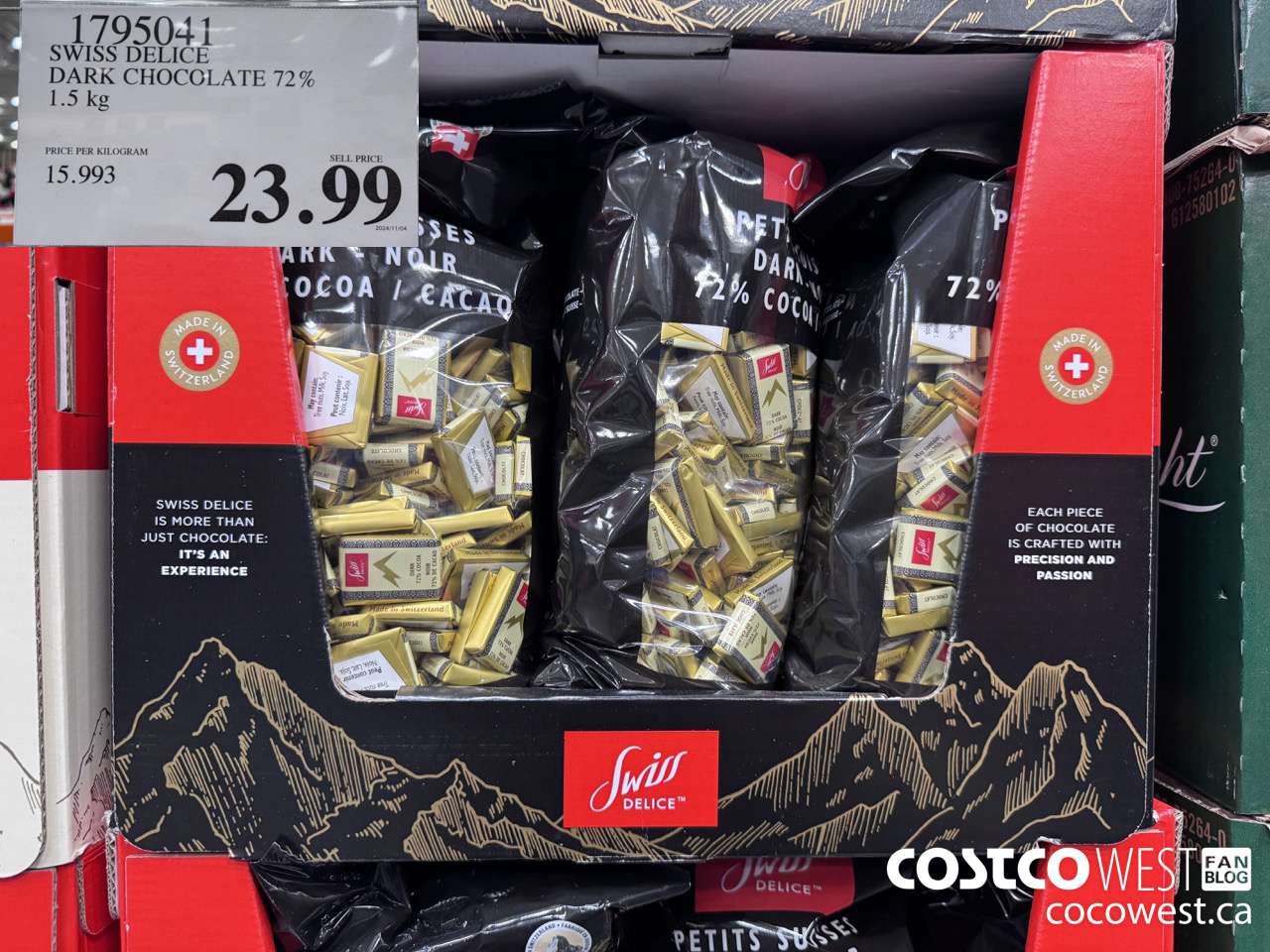 1795041 SWISS DELICE DARK CHOCOLATE 72% 1.5KG $23.99