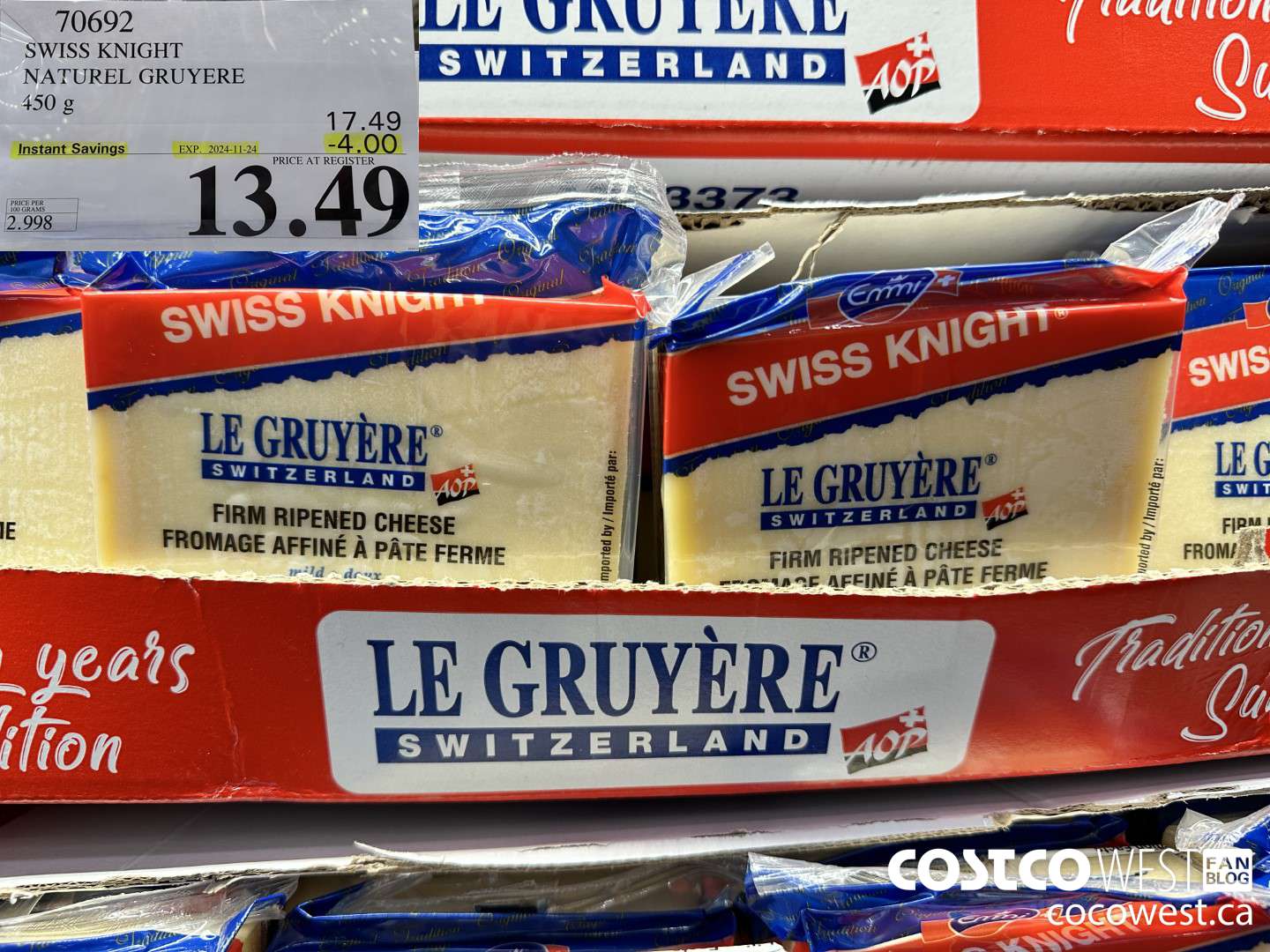 70692 SWISS KNIGHT NATUREL GRUYERE 450G ($4.00 INSTANT SAVINGS EXPIRES ON 2024-11-24) $13.49