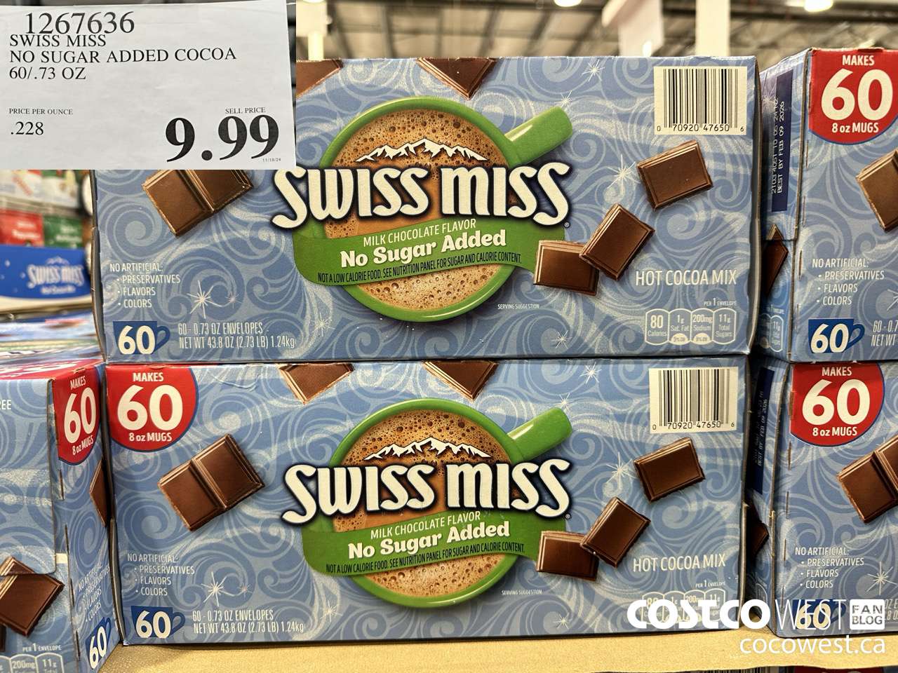 1267636 SWISS MISS NO SUGAR ADDED COCOA 60/.73 OZ $9.99
