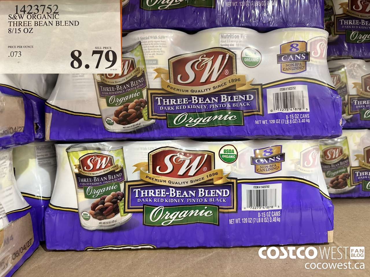 1423752 S&W ORGANIE TRI BEAN BLEND 8/15 OZ  $8.79