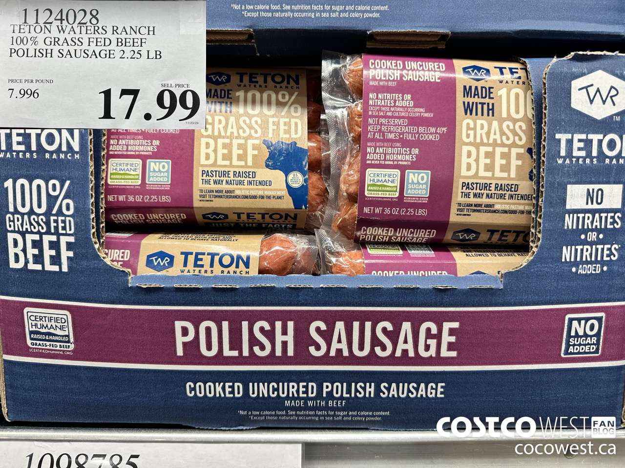 1124028 TETON WATERS RANCH 100% GRASS FED BEEF POLISH SAUSAGE 2.25 LB $17.99
