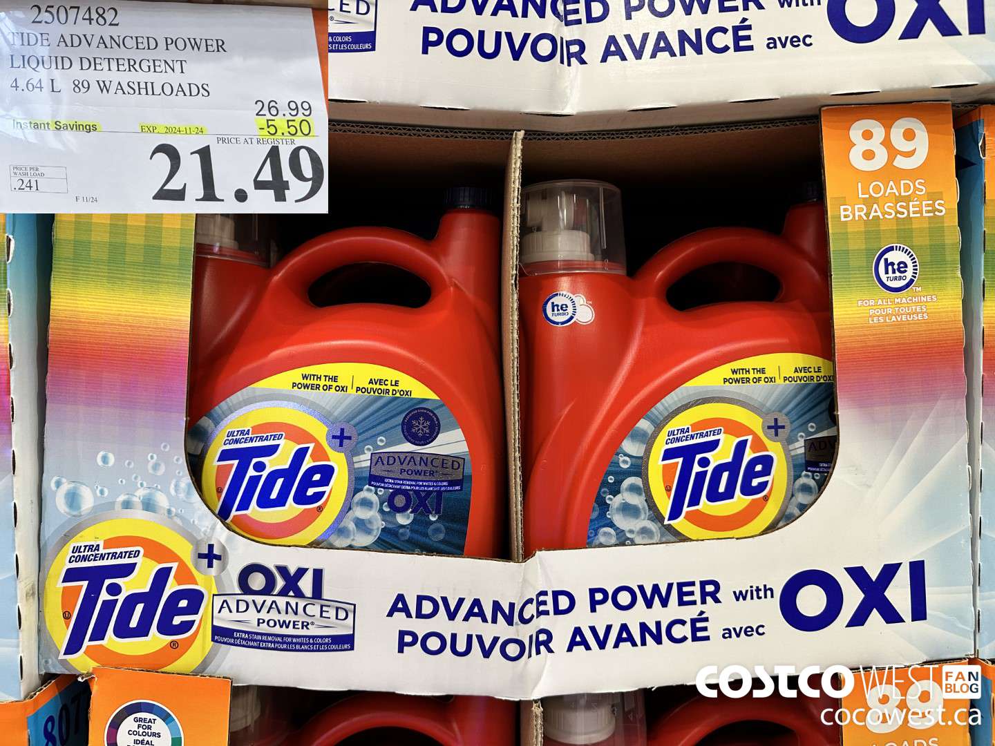 2507482 TIDE ADVANCED POWER LIQUID DETERGENT 4.64 L 89 WASHLOADS ($5.50 INSTANT SAVINGS EXPIRES ON 2024-11-24) $21.49