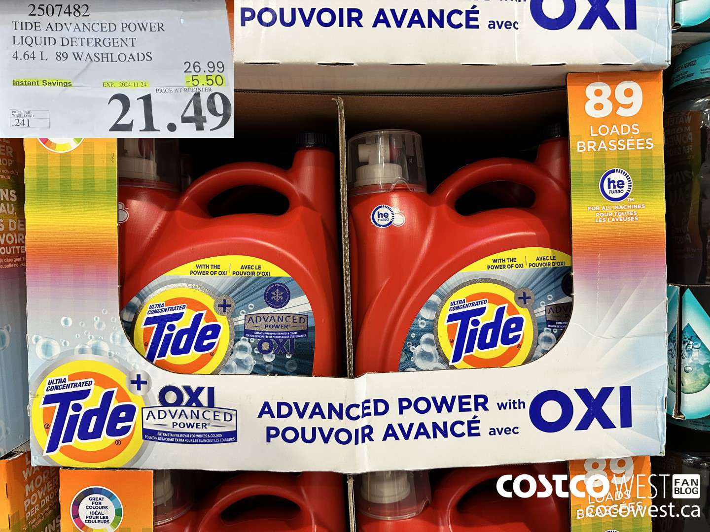 2507482 TIDE ADVANCED POWER LIQUID DETERGENT 4.64 L 89 WASHLOADS ($5.50 INSTANT SAVINGS EXPIRES ON 2024-11-24) $21.49