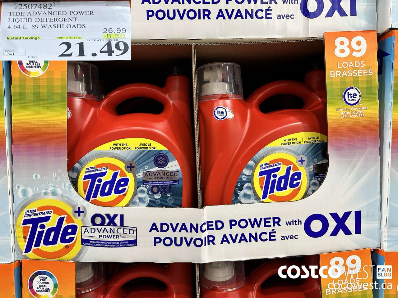 2507482 TIDE ADVANCED POWER LIQUID DETERGENT 4.64 L 89 WASHLOADS ($5.50 INSTANT SAVINGS EXPIRES ON 2024-11-24) $21.49