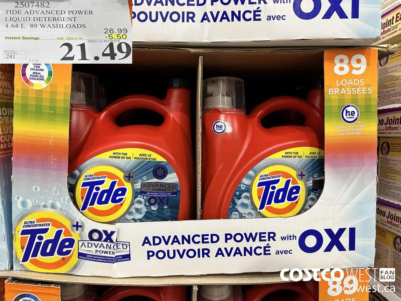 2507482 TIDE ADVANCED POWER LIQUID DETERGENT 4.64 L 89 WASHLOADS ($5.50 INSTANT SAVINGS EXPIRES ON 2024-11-24) $21.49