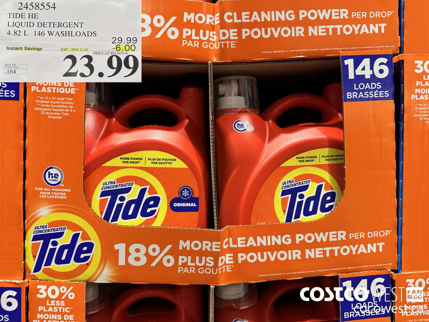 2458554 TIDE HE LIQUID DETERGENT 4.82 L 146 WASHLOADS ($6.00 INSTANT SAVINGS EXPIRES ON 2024-11-10) $23.99