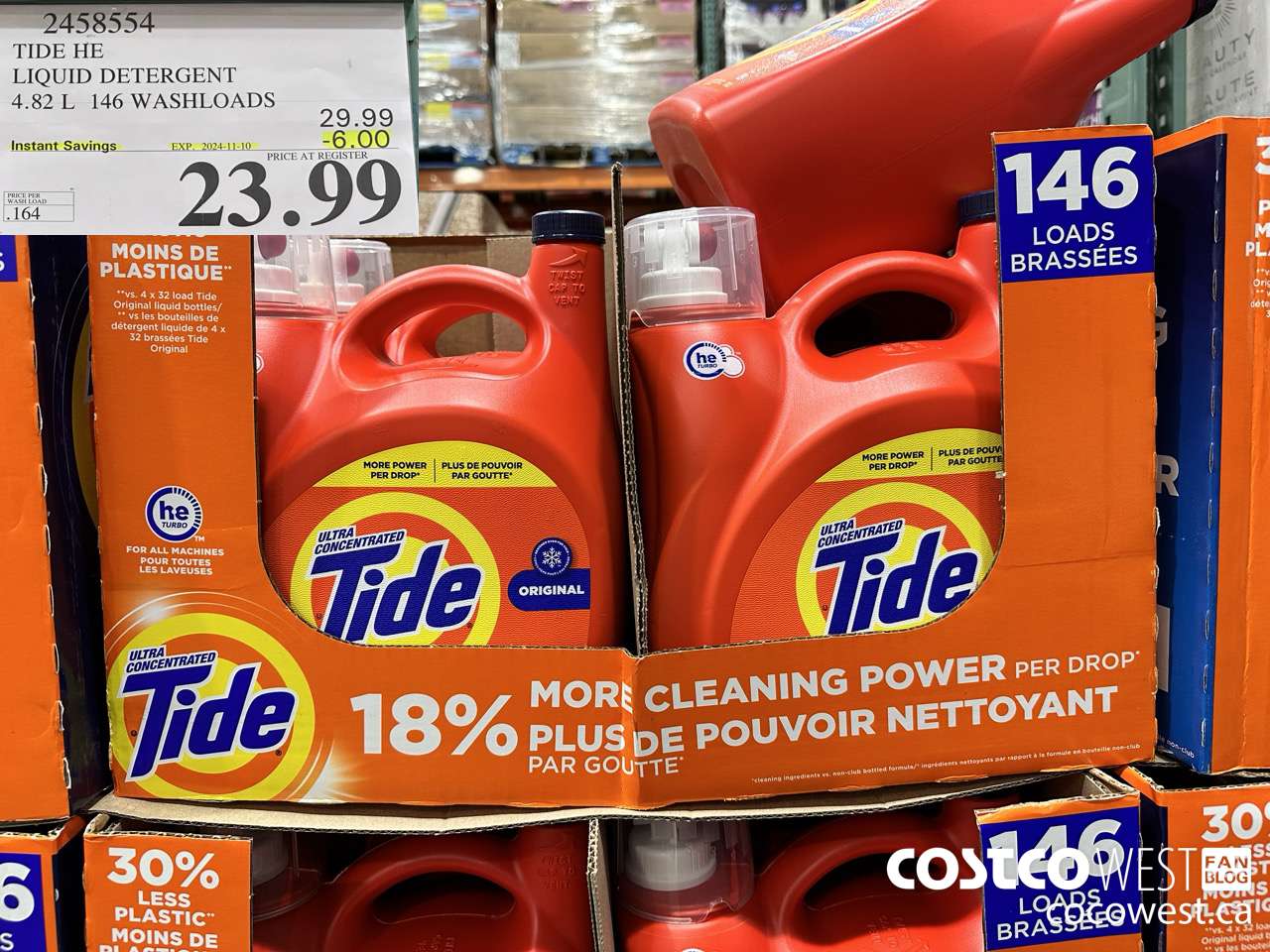 2458554 TIDE HE LIQUID DETERGENT 4.82 L 146 WASHLOADS ($6.00 INSTANT SAVINGS EXPIRES ON 2024-11-10) $23.99