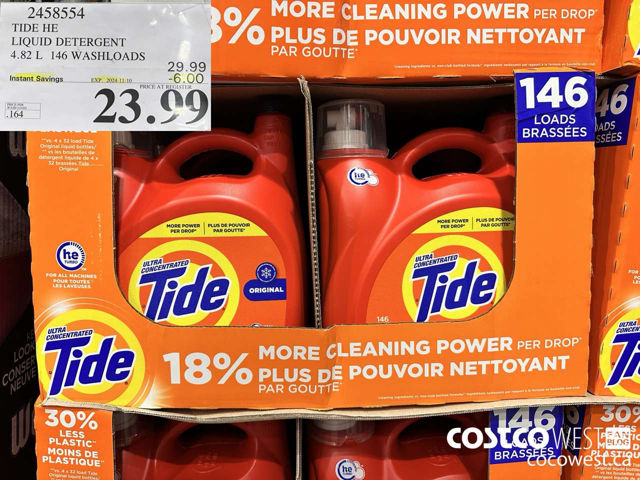 2458554 TIDE HE LIQUID DETERGENT 4.82 L 146 WASHLOADS ($6.00 INSTANT SAVINGS EXPIRES ON 2024-11-10) $23.99