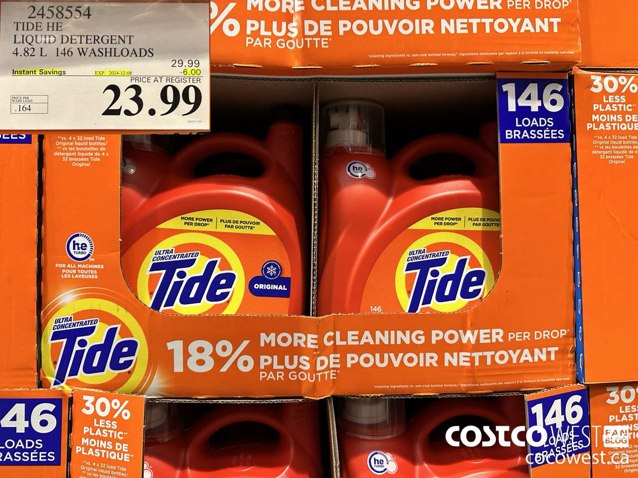 2458554 TIDE HE LIQUID DETERGENT 4.82 L 146 WASHLOADS ($6.00 INSTANT SAVINGS EXPIRES ON 2024-12-08) $23.99