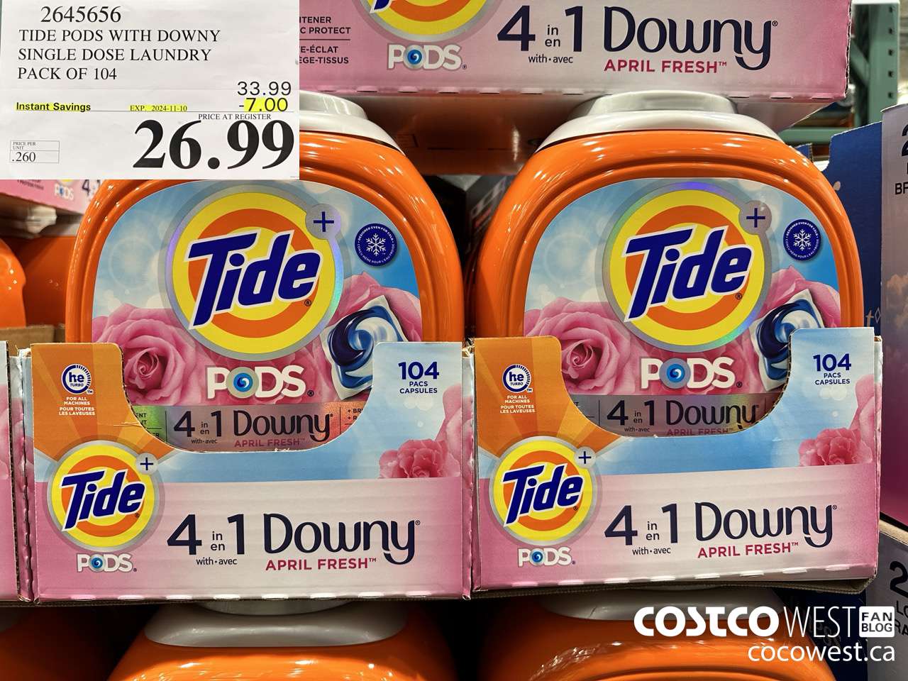 2645656 TIDE PODS WITH DOWNY SINGLE DOSE LAUNDRY PACK OF 104 ($7.00 INSTANT SAVINGS EXPIRES ON 2024-11-10) $26.99