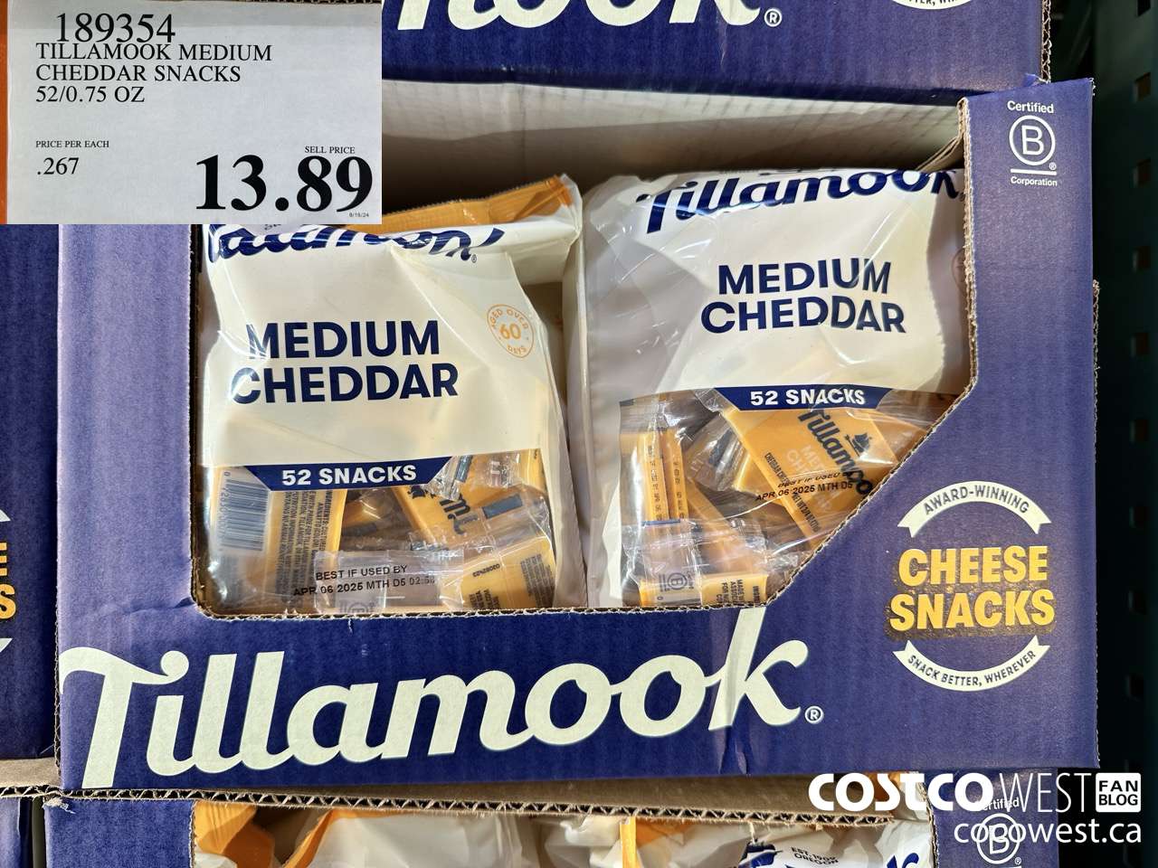189354 TILLAMOOK MEDIUM CHEDDAR SNACKS 52/0.75 OZ $13.89