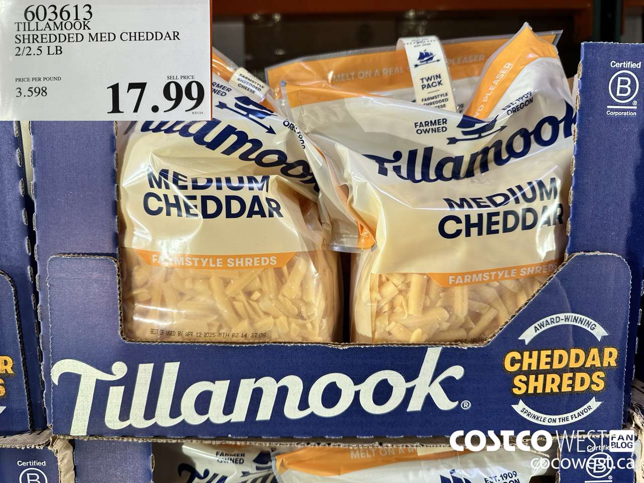 603613 TILLAMOOK SHREDDED MED CHEDDAR 2/2.5 LB $17.99