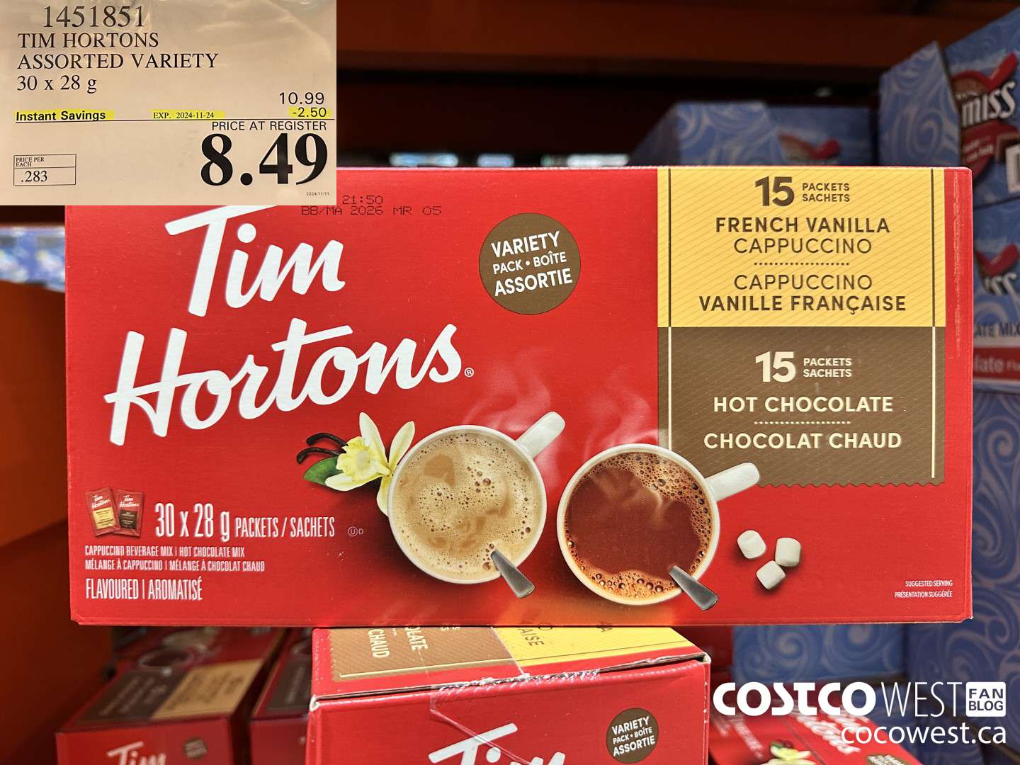 1451851 TIM HORTONS ASSORTED VARIETY 30 X 28 G ($2.50 INSTANT SAVINGS EXPIRES ON 2024-11-24) $8.49