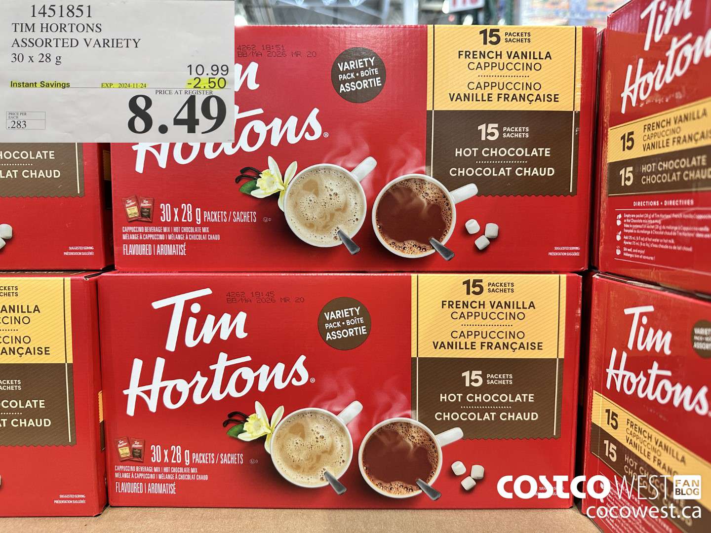 1451851 TIM HORTONS ASSORTED VARIETY 30 X 28 G ($2.50 INSTANT SAVINGS EXPIRES ON 2024-11-24) $8.49