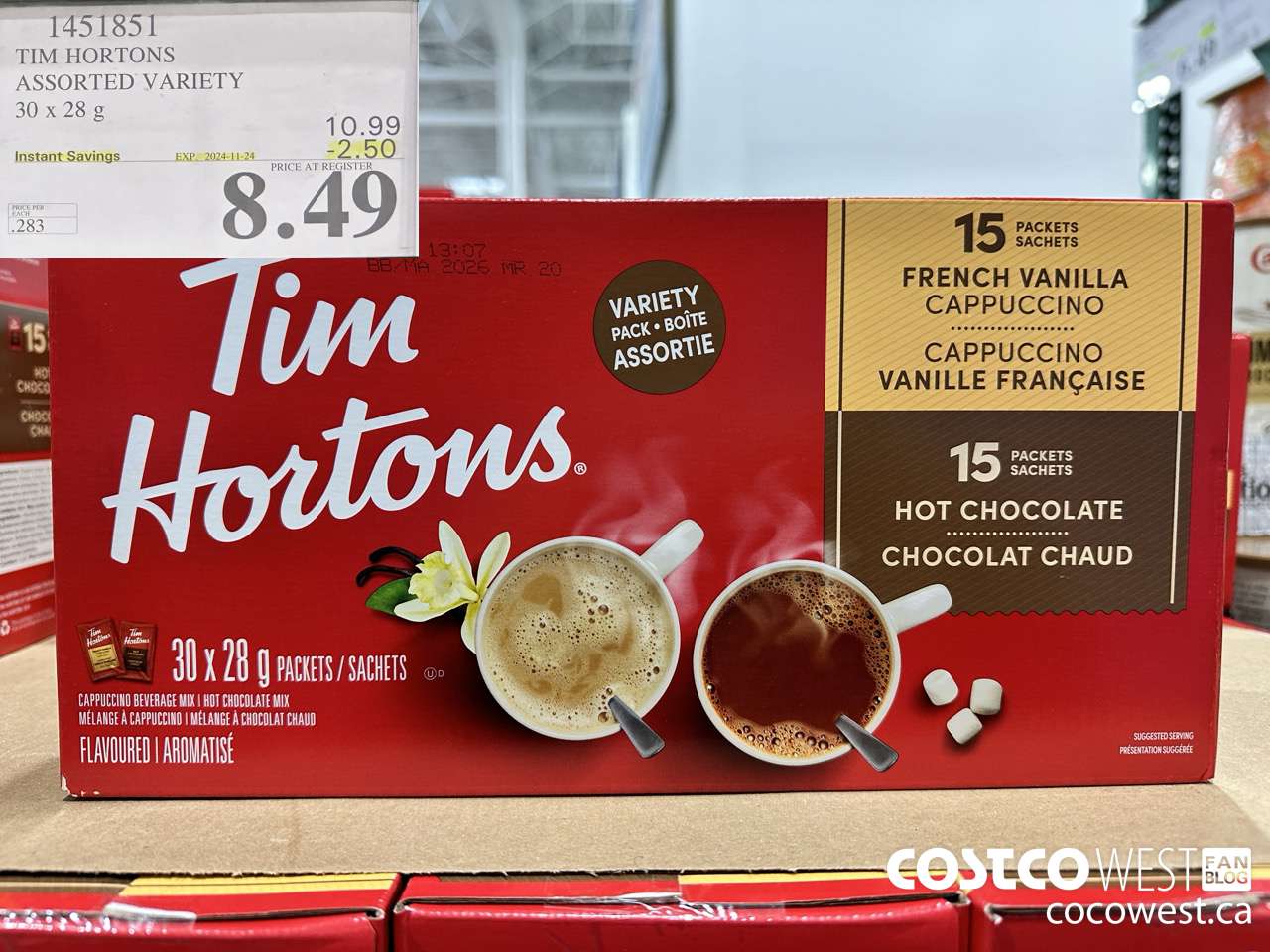 1451851 TIM HORTONS ASSORTED VARIETY 30 X 28 G ($2.50 INSTANT SAVINGS EXPIRES ON 2024-11-24) $8.49