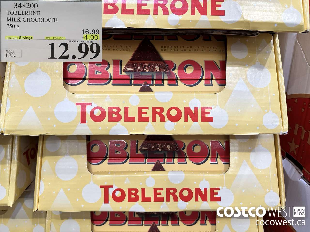348200 TOBLERONE MILK CHOCOLATE 750 G ($4.00 INSTANT SAVINGS EXPIRES ON 2024-12-01) $12.99