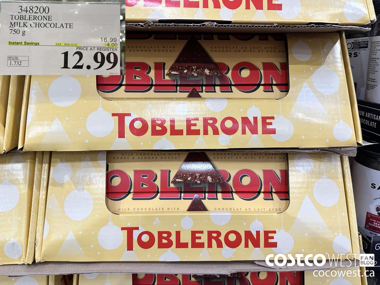 348200 TOBLERONE MILK CHOCOLATE 750 G ($4.00 INSTANT SAVINGS EXPIRES ON 2024-12-01) $12.99