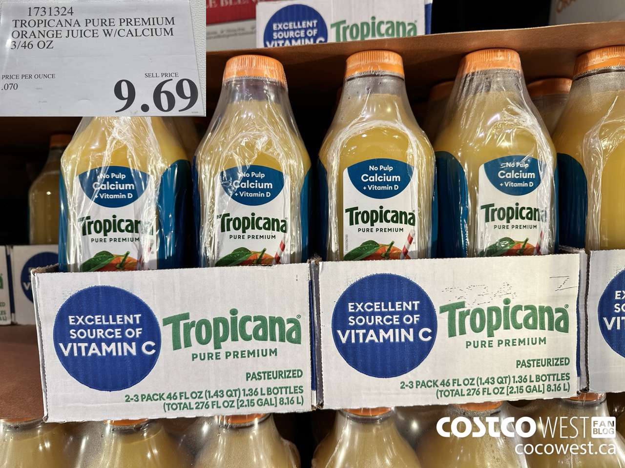 1731324 TROPICANA PURE PREMIUM ORANGE JUICE W/CALCIUM 3/46OZ $9.69