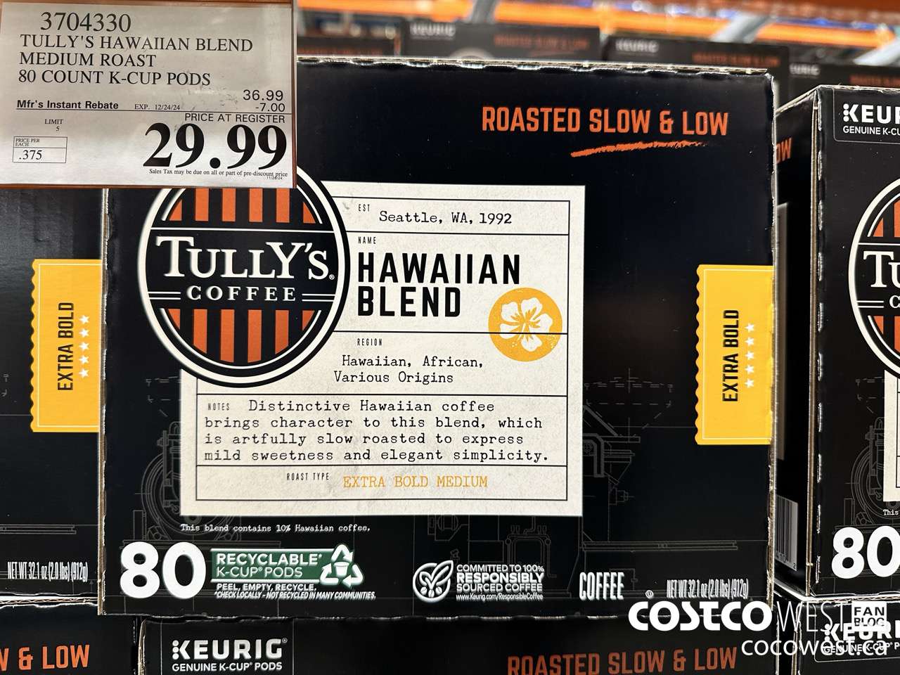 3704330 TULLY'S HAWAIIAN BLEND MEDIUM ROAST 80 COUNT K-CUP PODS ($7.00 INSTANT SAVINGS EXPIRES ON 2024-12-24) $29.99